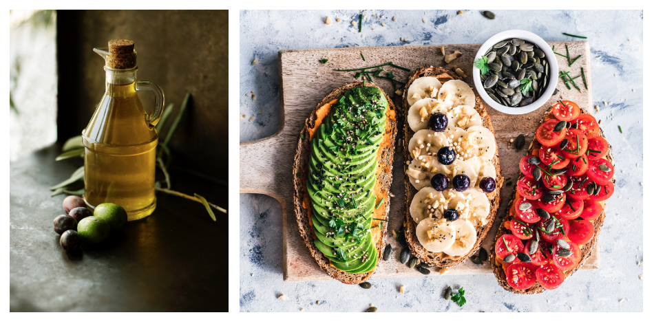 Examples of foods high in monounsaturated fat are shown. At left is a bottle of olive oil. At right is a cutting board with three slices of whole grain bread topped with nut butters, avocado, seeds, and nuts.