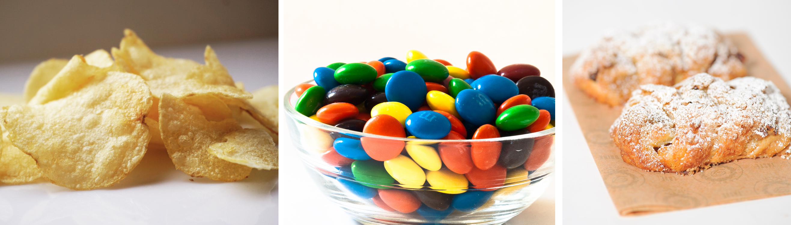 Photos of carbohydrate-rich snack foods, from left to right: potato chips, bowl of M & M's, and a pastry dusted in powdered sugar.