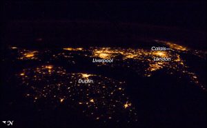 Night view of city lights of British Isles and Calais