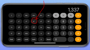 image of an iPhone turned sideways; the scientific calculator has the exponent button location circled