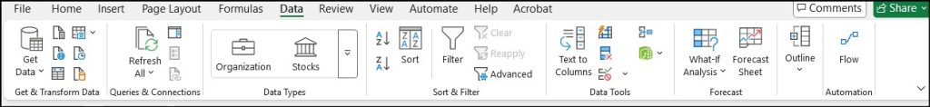 Image of the 2025 MS Excel Data tasks ribbon