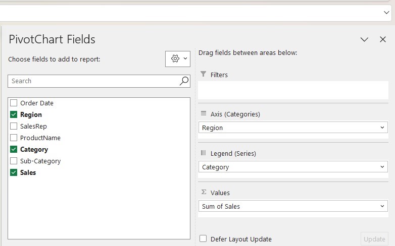 Image of PivotTable Fields panel for the exercise at work