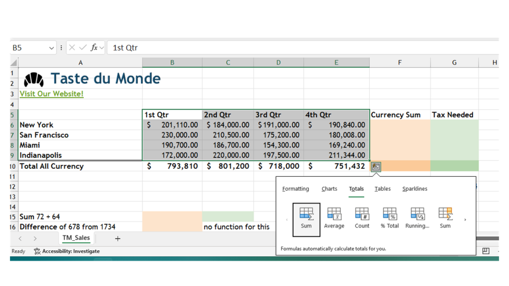 Images of quick analysis totals sum results in an Excel sheet