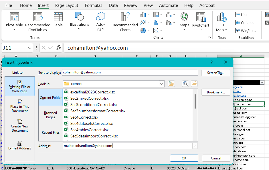 Image of manual hyperlink creation in MS Excel.