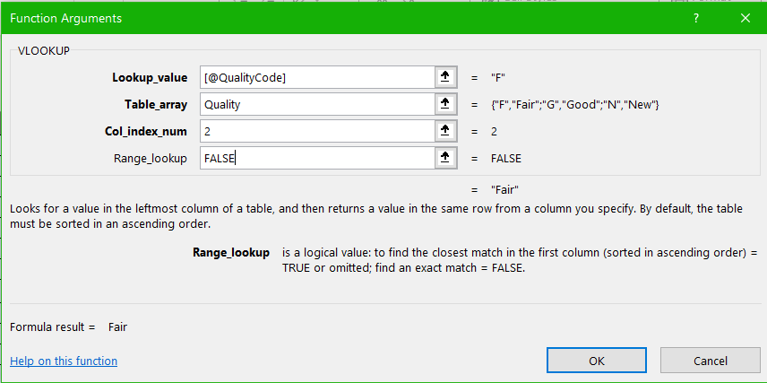 Image of MS Excel function arguments for VLOOKUP