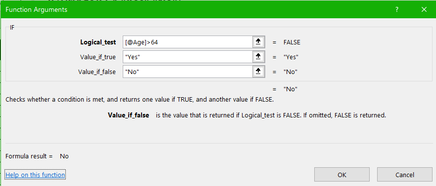 Image of MS Excel function arguments for IF function