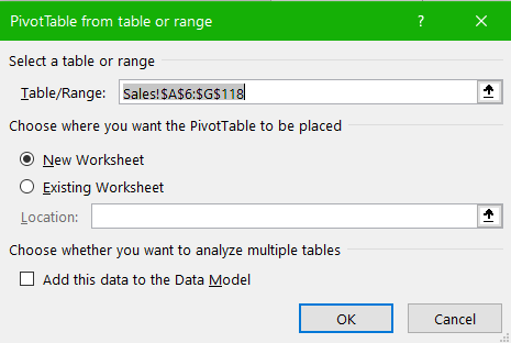 Image of MS Excel pivot table creation panel