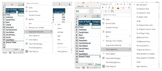 Image of MS Excel pivot table data and values options