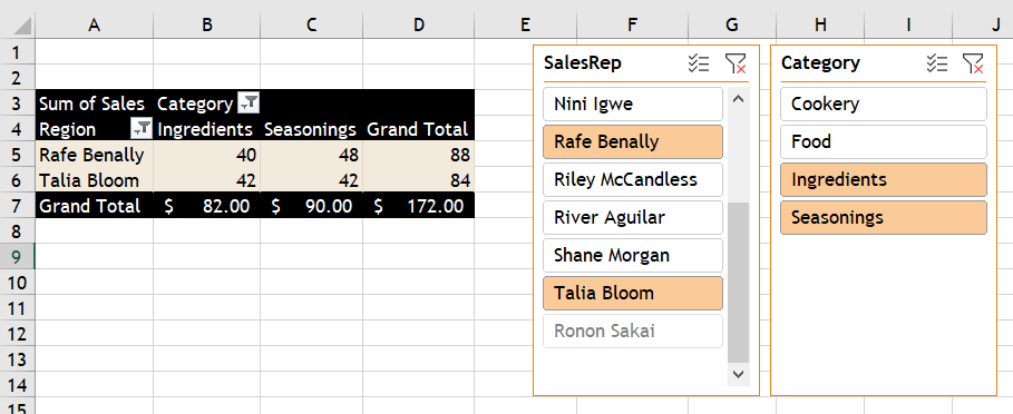 Image of MS Excel slicers for pivot table