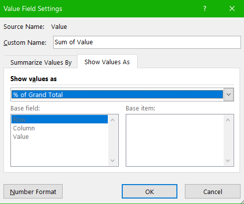Image of MS Excel value field settings panel