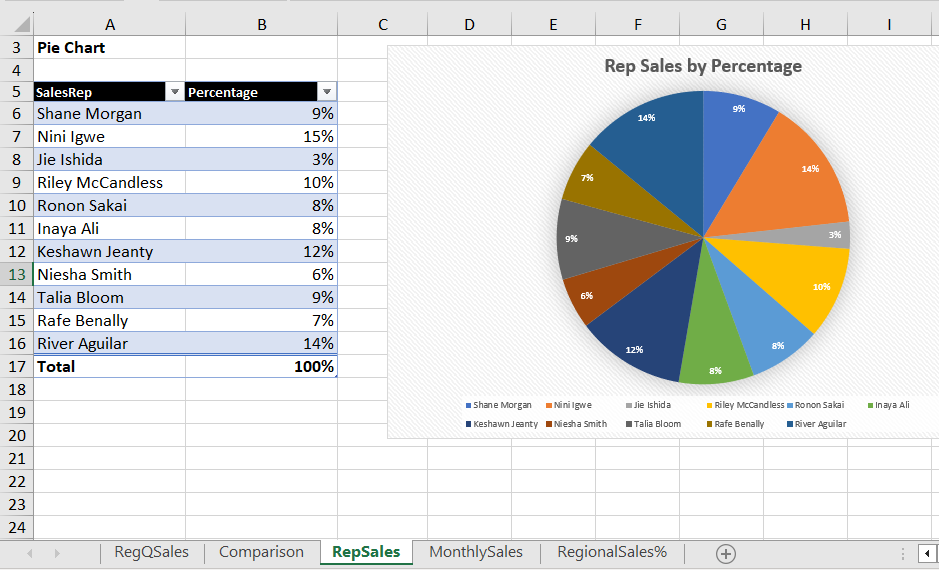 Image of MS Excel pie chart