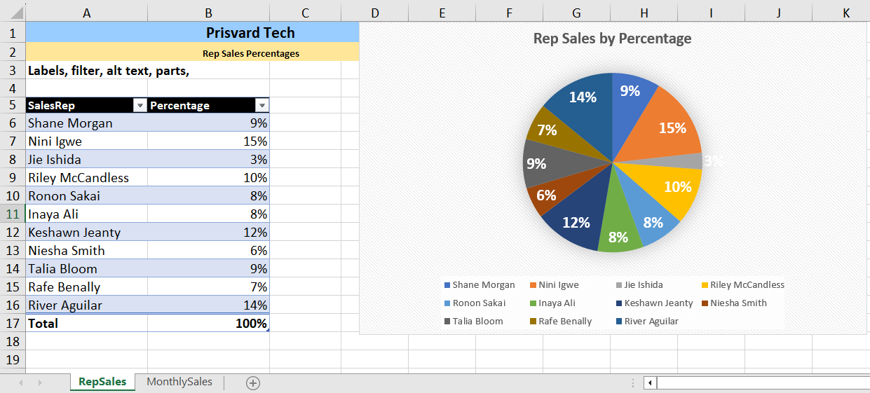 Image of MS Excel formatted pie chart