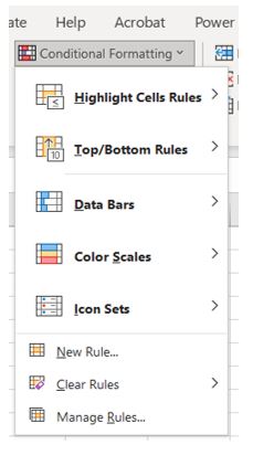 Image of MS Excel conditional formatting dropdown menu