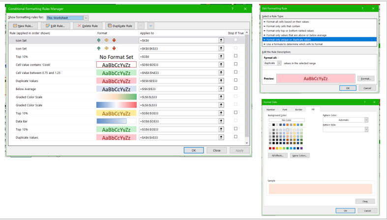 Image of MS Excel conditional formatting manager panel