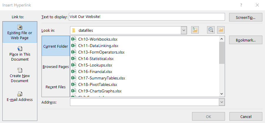 Image of MS Excel insert hyperlink dialog box