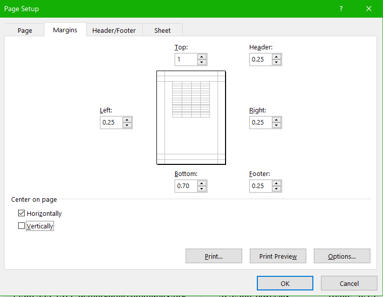Image of MS Excel page setup panel margins tab