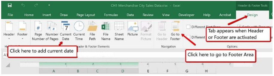Image of MS Excel contextual header/footer ribbon