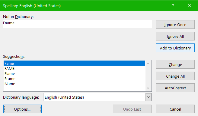 Image of MS Excel spell check panel