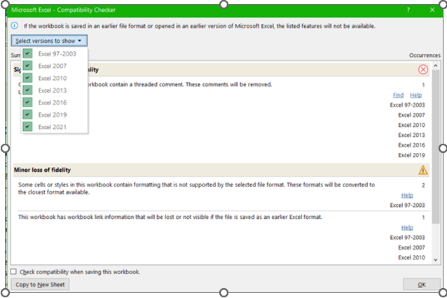Image of MS Excel compatibility editor panel
