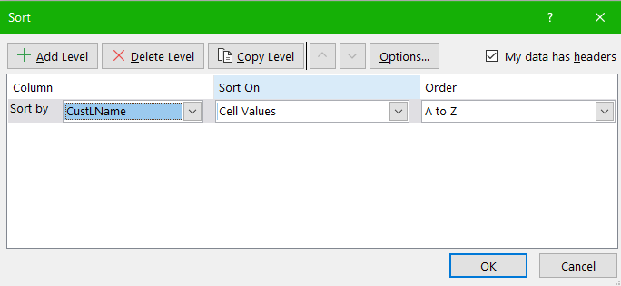 Image of MS Excel sort panel