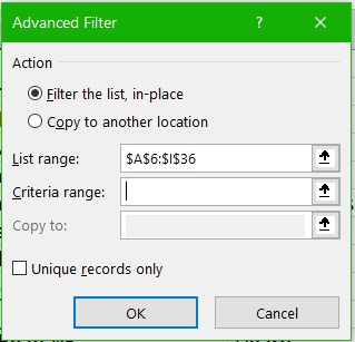 Image of MS Excel advanced filter panel
