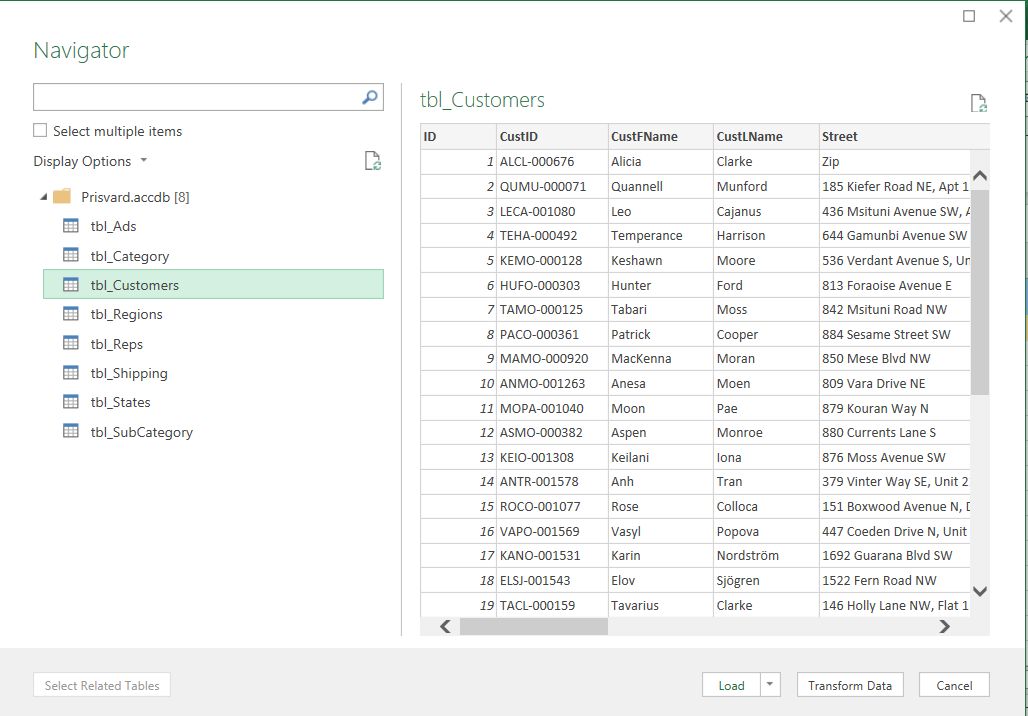 Image of MS Excel navigator panel for importing database data