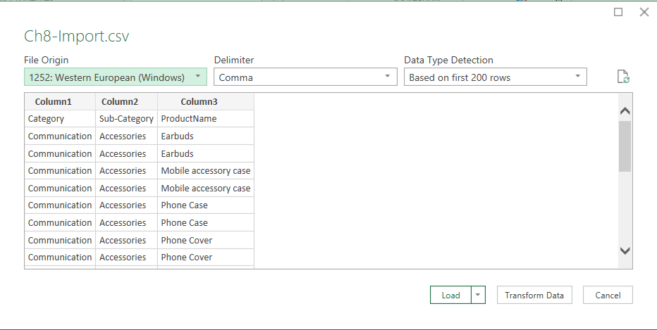 Image of MS Excel CSV data import panel