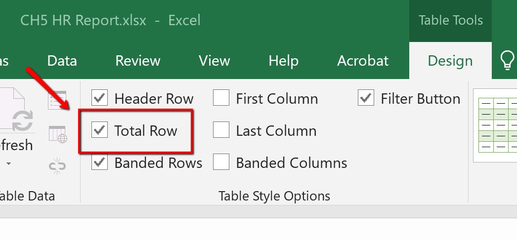 Image of MS Excel table design ribbon total row selection