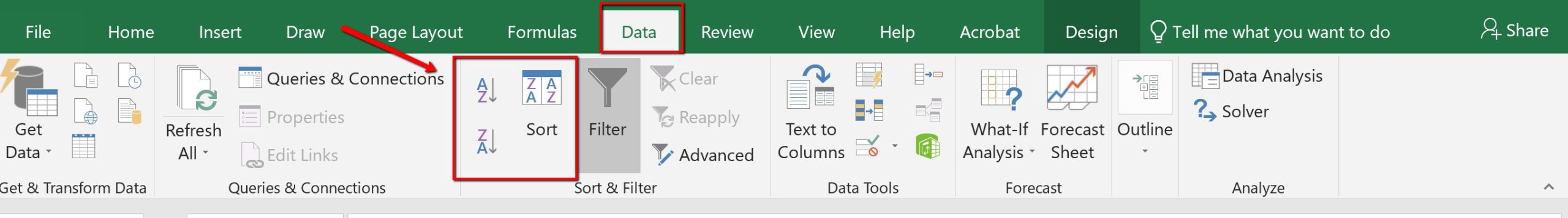 Image of MS Excel data ribbon sorts & filter group