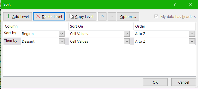 Image of MS Excel sort dialog box