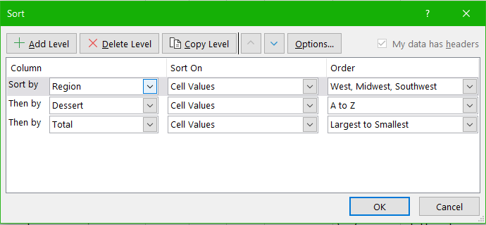 Image of MS Excel sort dialog 3 level sort