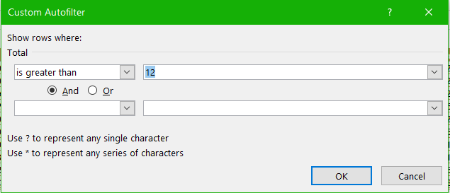 Image of MS Excel custom autofilter dialog box