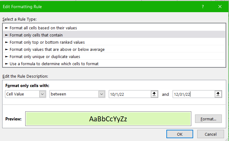 Image of MS Excel edit formatting rule panel