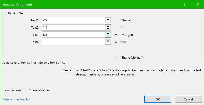 Image of MS Excel function arguments for concatenate
