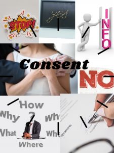 Collage of words consent, n o, how, why and woman holding heart
