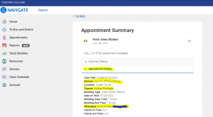 Appointment Summary Details page eab navigate