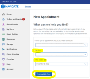 Screenshot of new appointment screen in EAB navigate. Service and Date dropdowns are highlighted.