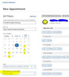 Screenshot of EAB Navigate New Appointment Screen. Image highlights the meeting modality option.