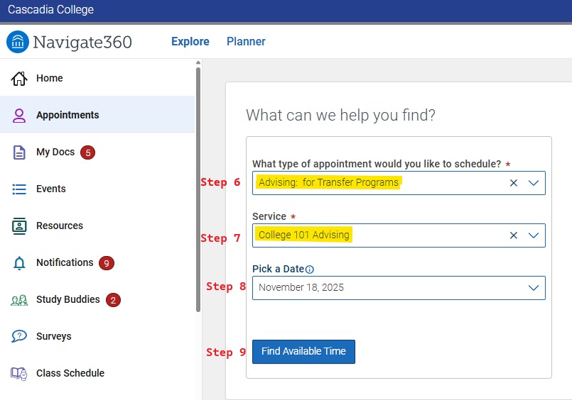 Appointment details with the correct dropdowns selected.