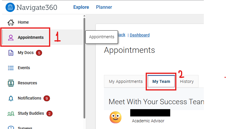 Navigate360 Appointments tab with the "my team" tab highlighted.