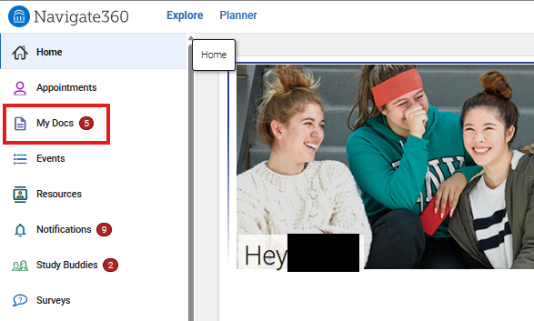 Navigate homepage with "My Docs" highlighted.
