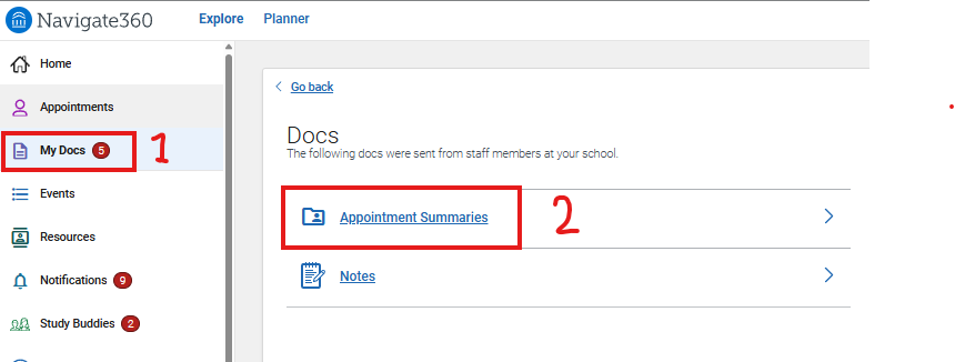 Navigate "My Docs" screen with "Appointment Summaries" highlighted.