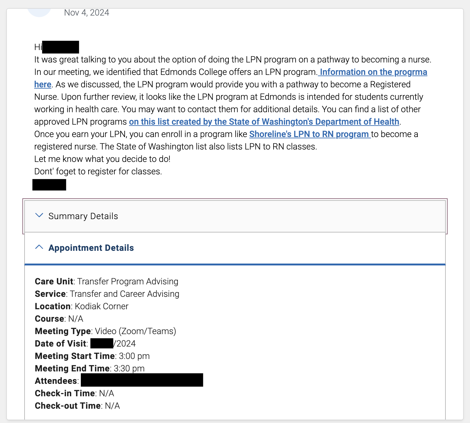 Appointment summary example from Navigate360.