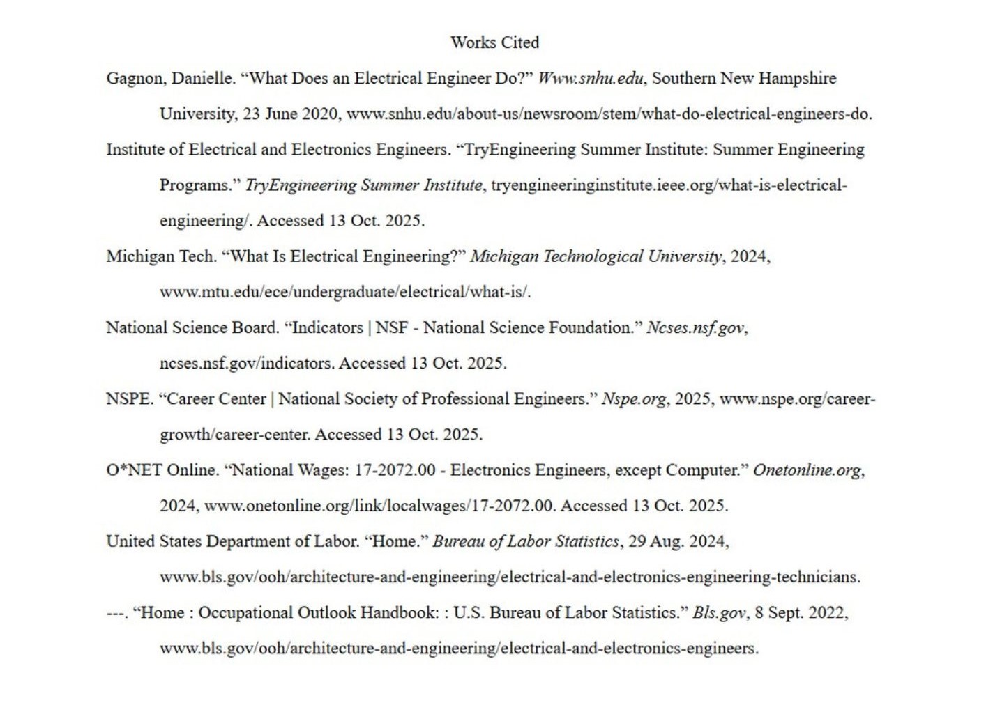 Works cited for electrical engineer industry report.