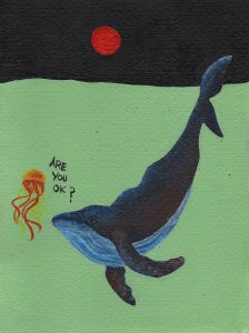 Jellyfish and whale in water under a red moon with the question "Are you ok?" written between them.