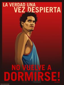 Digital art. Red-to-black ombre background. At center, there is a Brown man with short, curly, black hair in a blue tank top. Text at the top states: La verdad una vez despiertaText at bottom states: No vuele a dormirse!