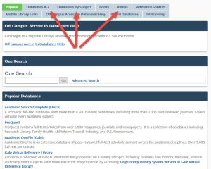 Screenshot of Highline College library database page. Red arrows point to tabs referenced in the chapter.