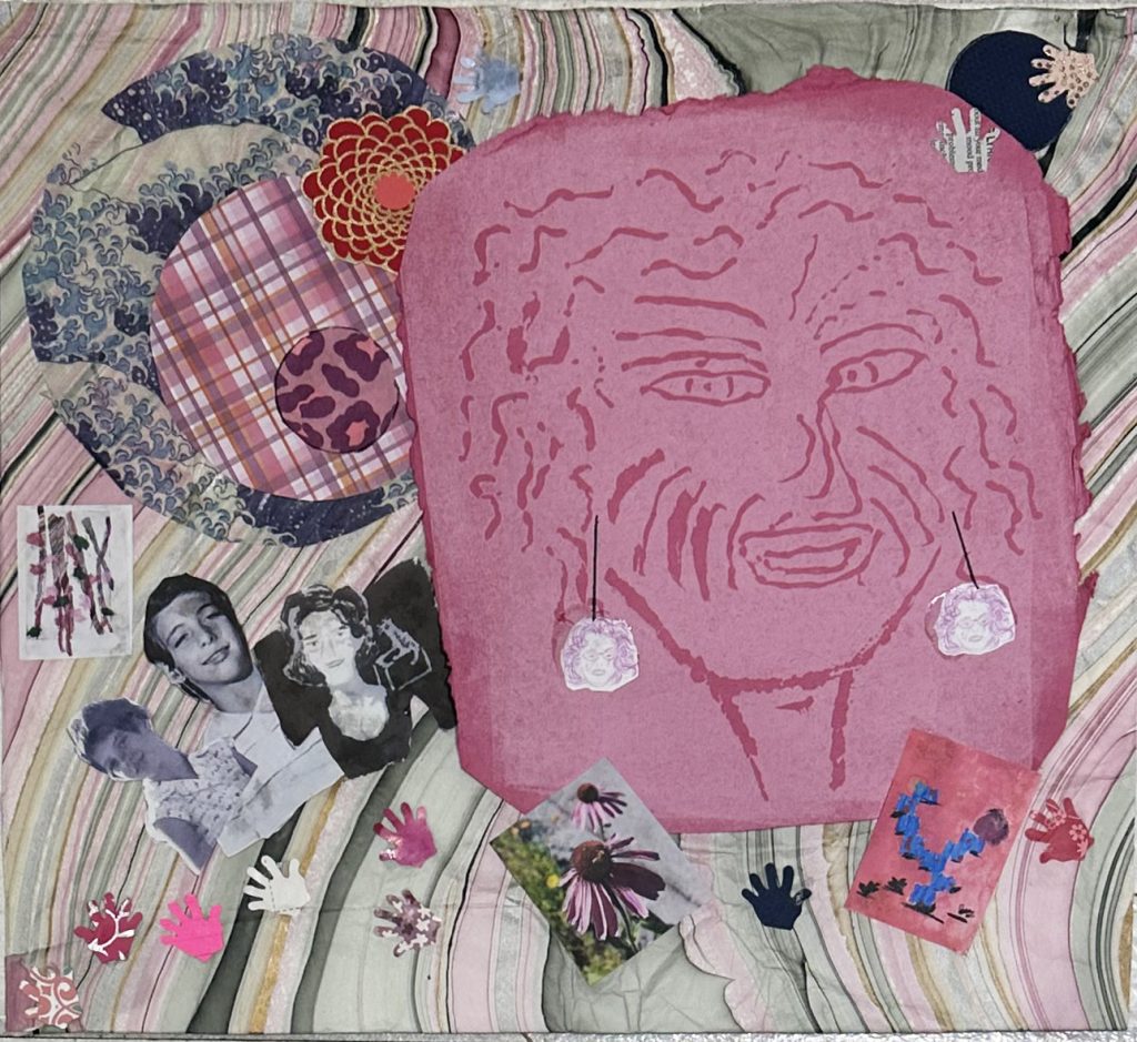 Collage of image of lady on pink paper with dark pink line drawings for face with photos of people on lower left, images of hands in pink and white and a photo of an echinacea flower beneath