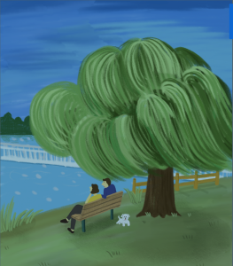 A drawing of two individuals siting on a bench under a willow tree with a white dog looking at a lake