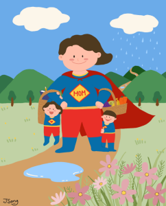 Drawing of a mom in a cape with a super hero suit holding baskets of food and books with two kids on her arms in a green field with mountains in the background